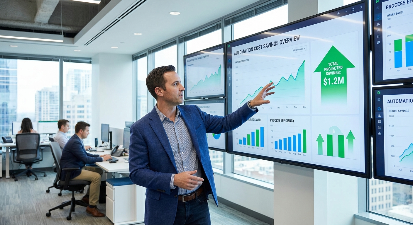 Business professional reviewing automation analytics dashboard